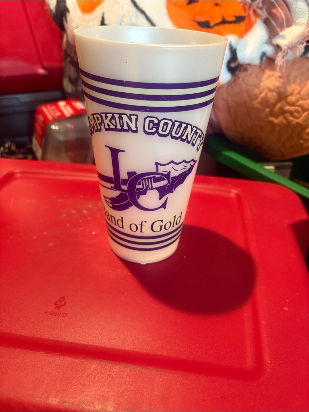 Lumpkin  County JC White and Purple Plastic Tumbler